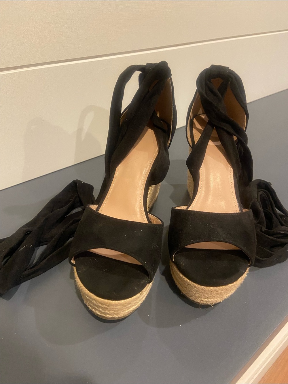 Black Espadrille Wedge Sandals with Wrap Tie